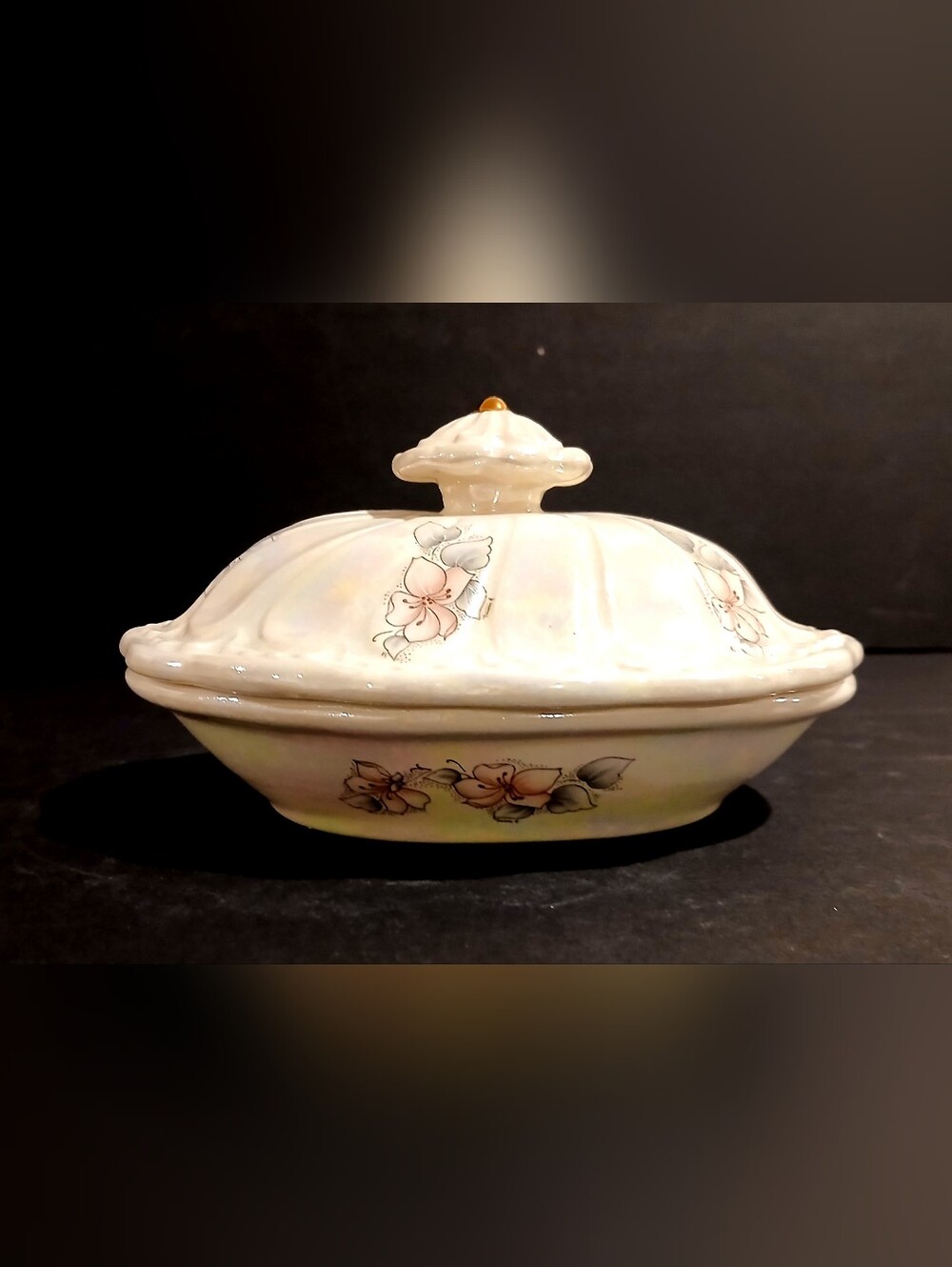 Vintage Floral Covered Soap Dish - Cream with Pink Flowers